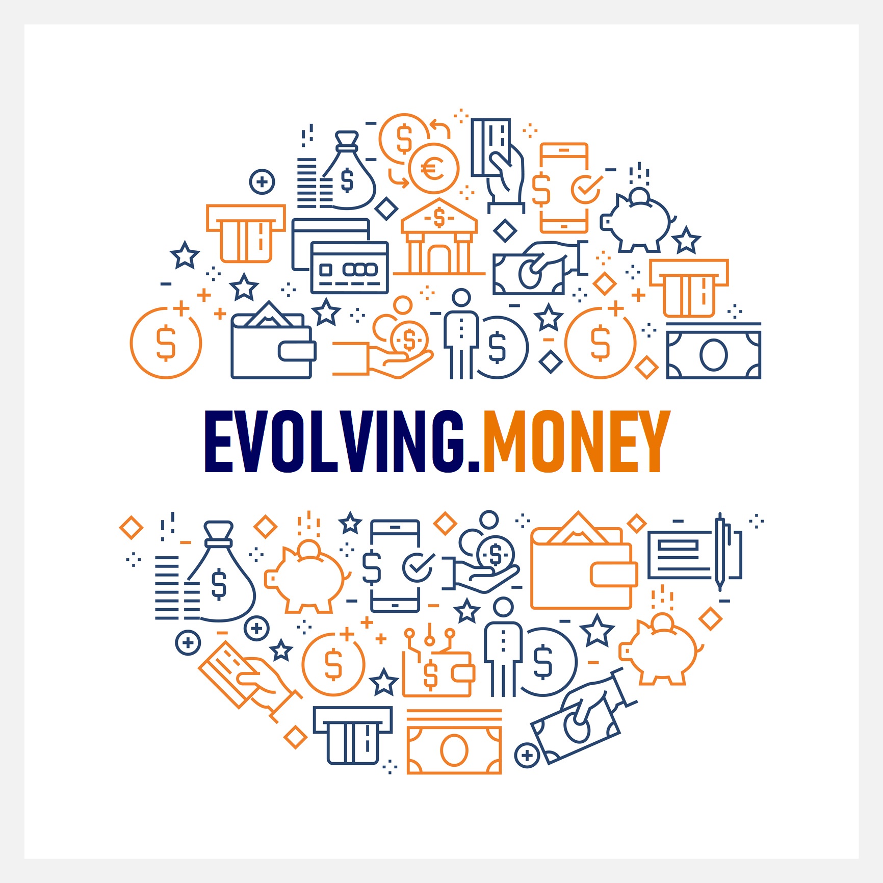Evolvinmg Money text surrounded by circle of financial symbols